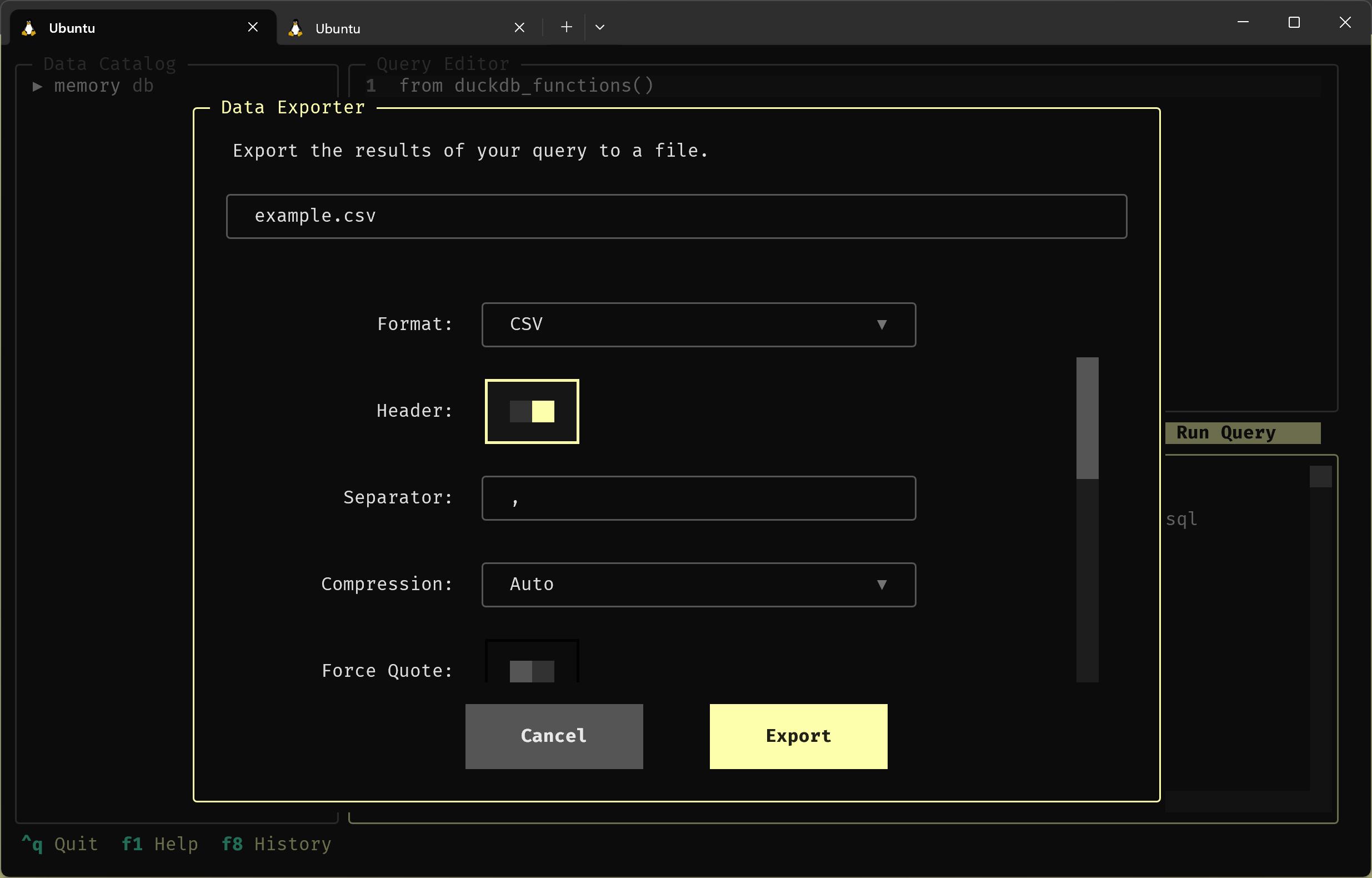 A screenshot of Harlequin's Data Exporter screen, after selecting the CSV format.