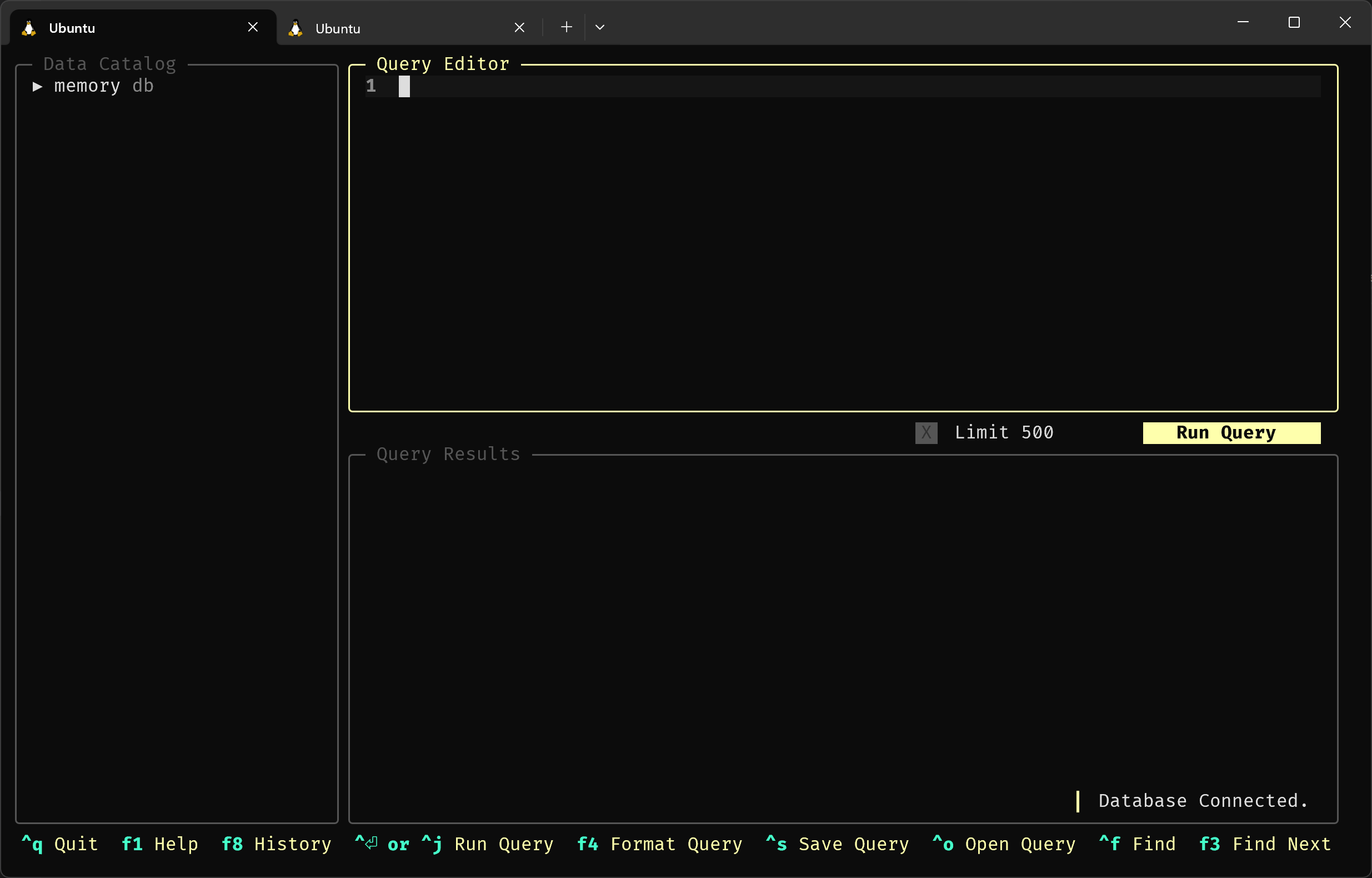 A screenshot of Harlequin connected to an in-memory (empty) DuckDB database.