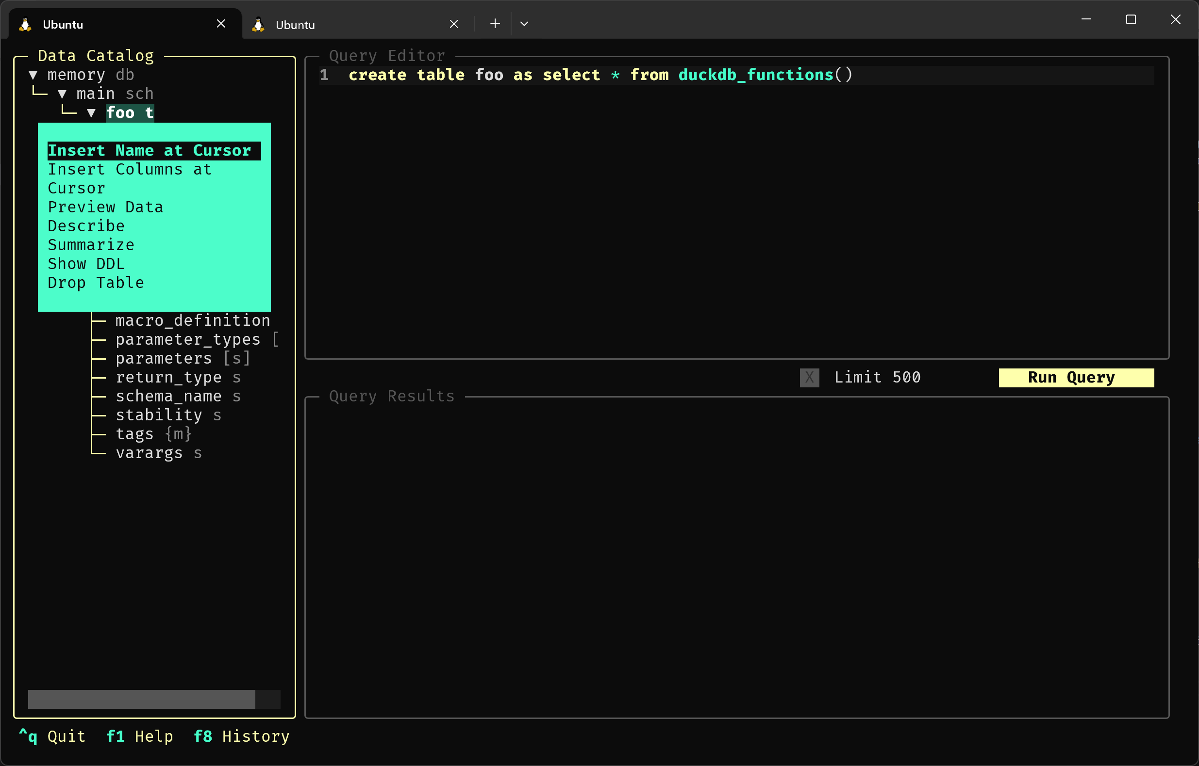 A screenshot of Harlequin with the interactions menu expanded for the foo table.